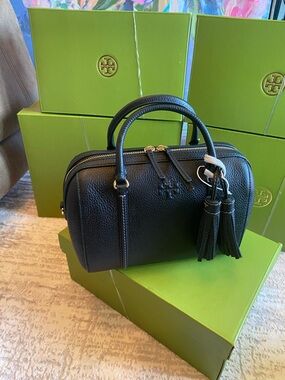 Tory Burch Black Pebbled Leather Satchel Bag